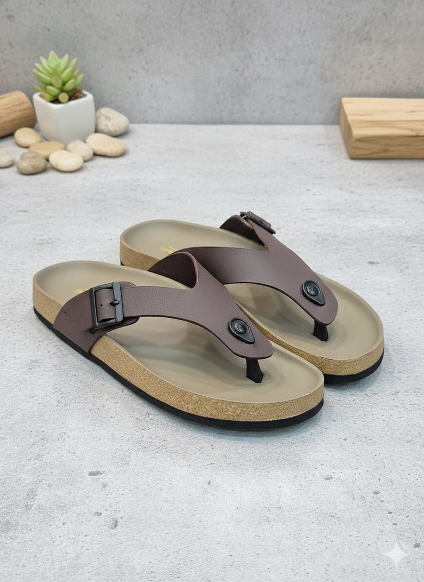 Men’s Comfort Leather Slippers – Brown Cork Sole